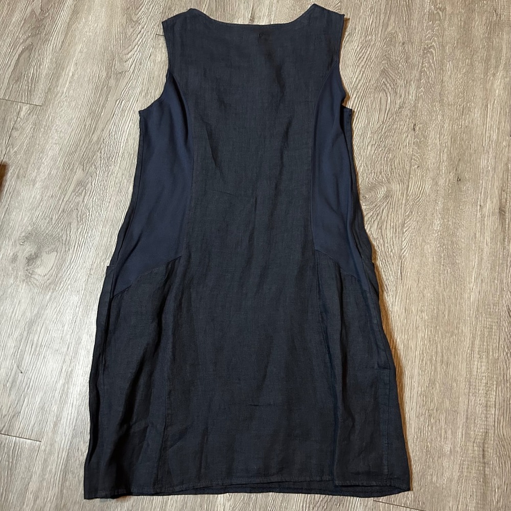 Navy Linen Embellished Shift Dress Pocket L Made In Italy Quiet Luxury Old Money - Picture 2 of 9
